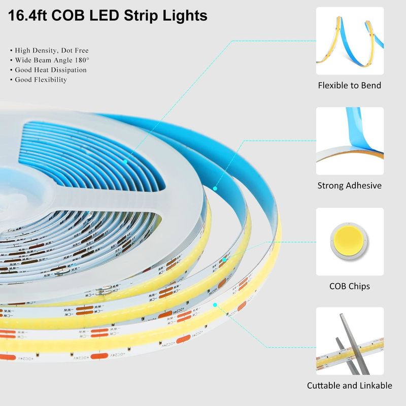 COB أضواء الشريط LED CCT (2700K-6500K قابل للتوجيه) 2M 560LEDs / m CRI90 Led Tape Light Kit مع صندوق حزمة الشريط LED للمنزل