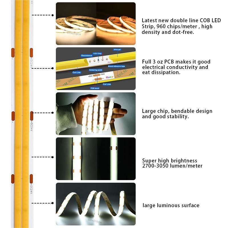 10m/roll خطوط مزدوجة 600 leds 12v 24v Ra80 12mm مرنة COB LED مرنة ضوء شريط